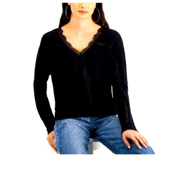 SELF ESTEEM Juniors' Lace-Trim V-Neck Top size women shirt, long sleeve Medium - Picture 3 of 5